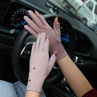 Thin Sunscreen Women Glove Spring/Summer Two-finger Riding, Driving, Sweat-absorbent Breathable Mesh Cute Bear Gloves 19 alx