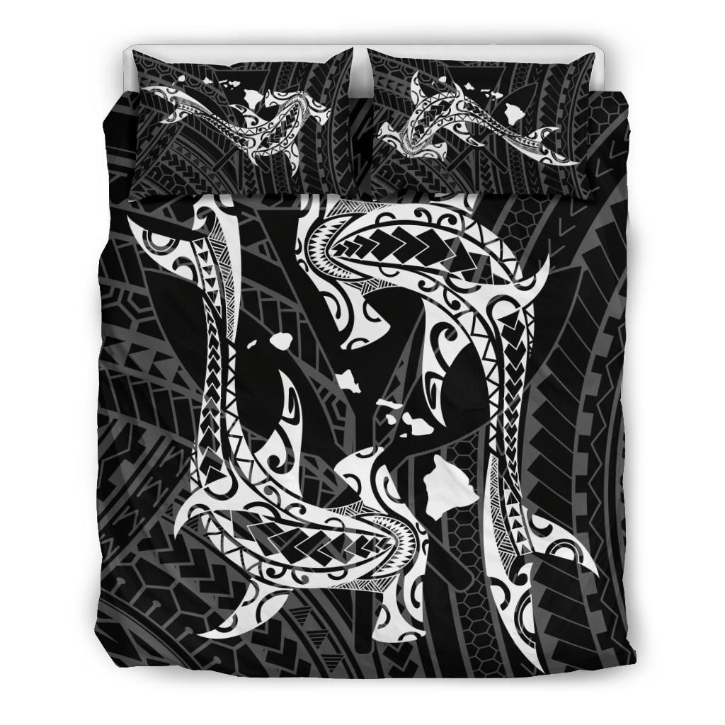 Alohawaii Bedding Set – Cover And Pillow Cases Hawaiian Map Hamerhead Shark Yin Yang Polynesian – Black – Ah J9