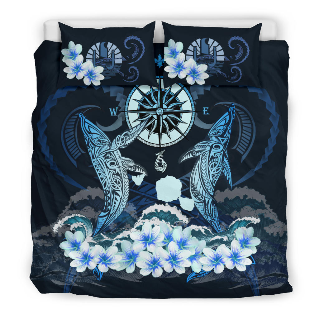 Alohawaii Bedding Set – Cover And Pillow Cases Tahiti – Shark Polynesia Compass Plumeria Blue A24