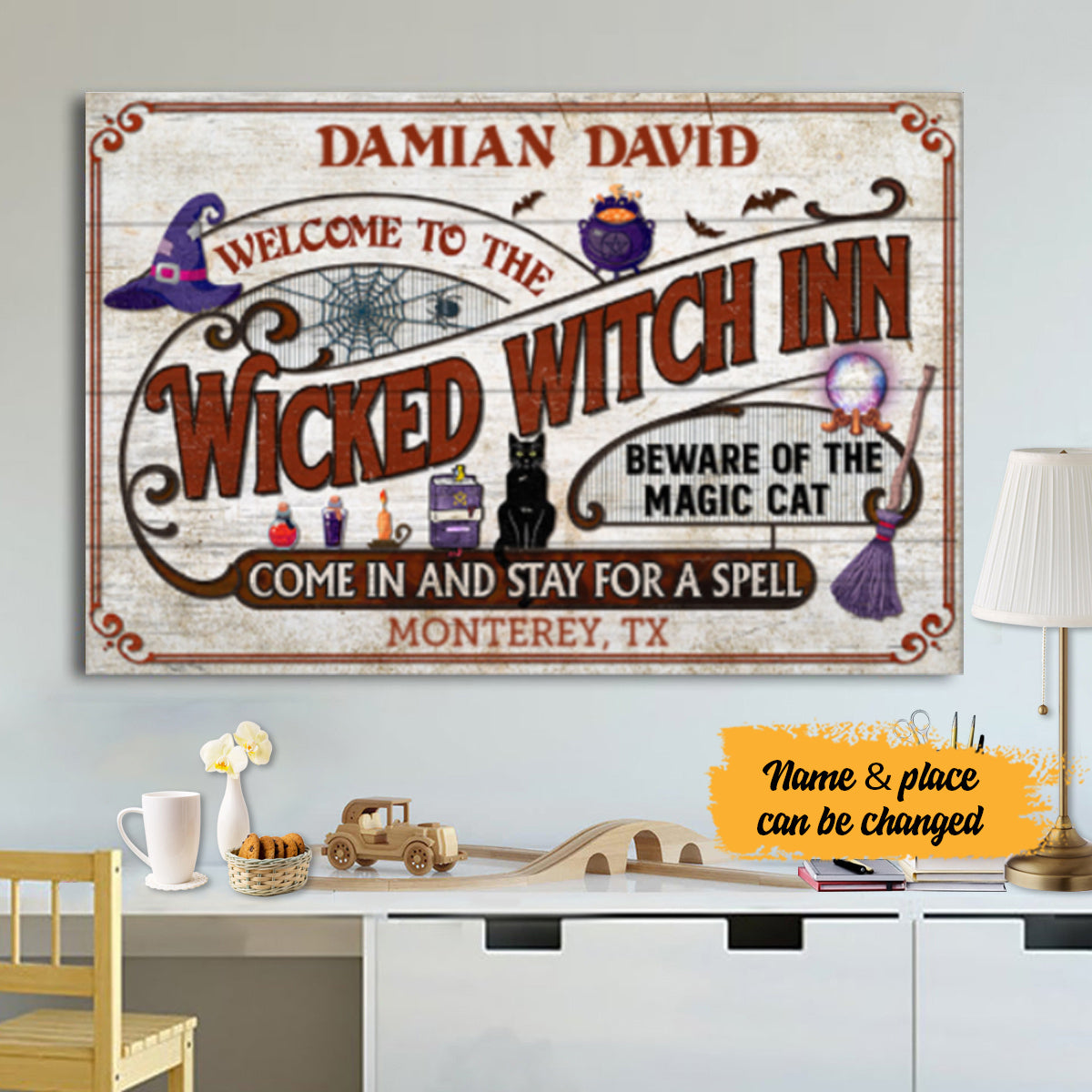 Customized Name And Place Welcome To The Witcked Witch Inn Happy Halloween Beware Of The Magic Cat Paper Poster No Frame/ Wrapped Canvas Wall Decor