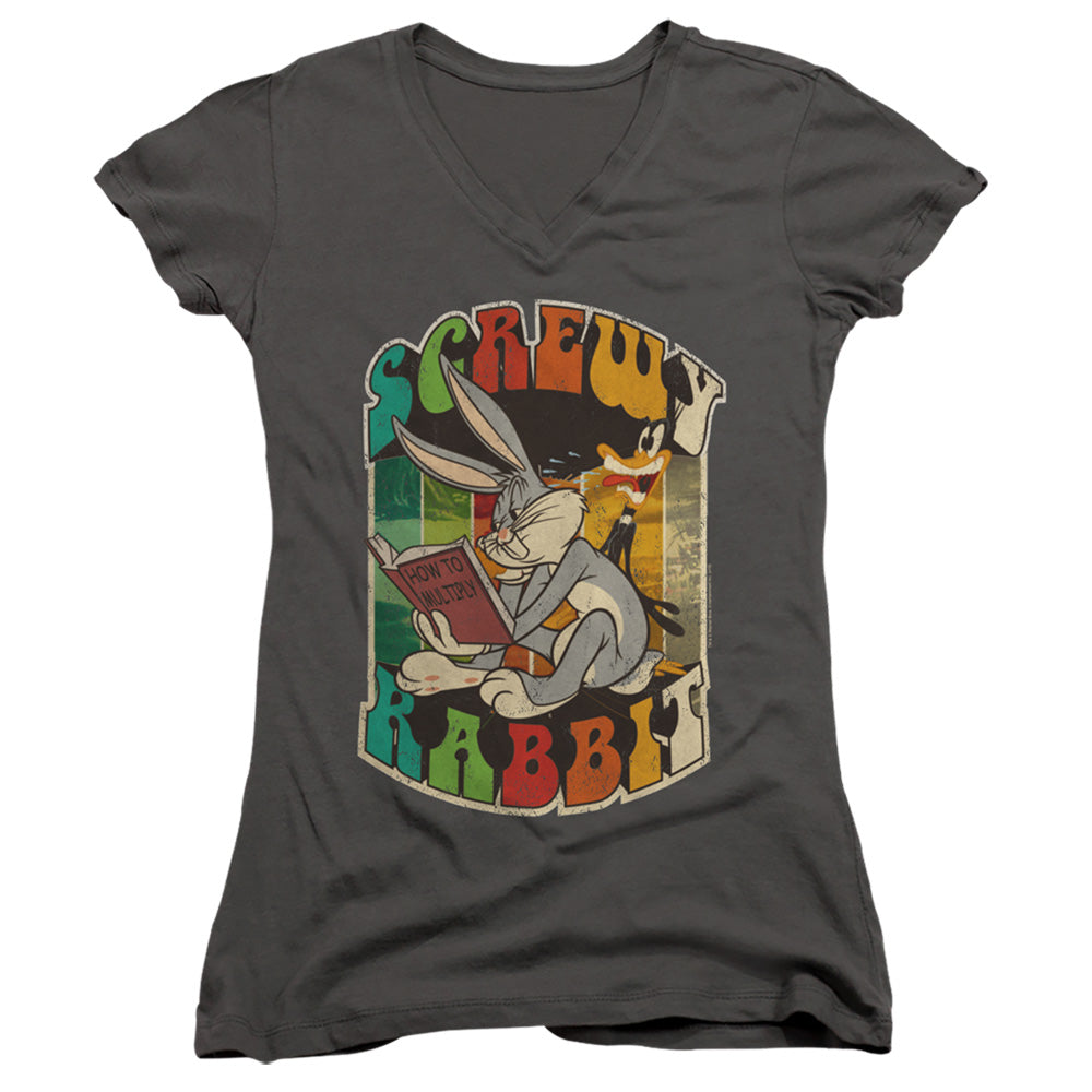 Looney Tunes Screwy Rabbit Junior Sheer Cap Sleeve V-Neck Womens T Shirt Charcoal