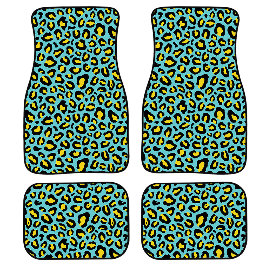 Teal And Yellow Leopard Pattern Print Front And Back Car Floor Mats, Front Car Mat