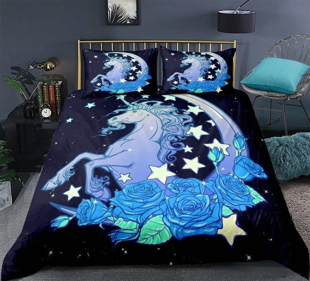 3D Run Unicorn Beauty Rose Star Moon Duvet Cover Set, Microfiber Fabric Bedding