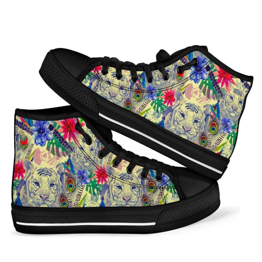 Bohemian White Tiger Pattern Print Men Women’s High Top Shoes