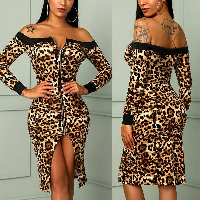 Zippers Split Long Sleeve Slim Print Off Shoulder Sexy Leopard Dress