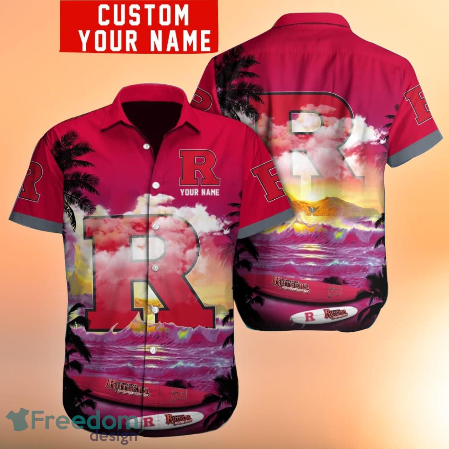 NCAA Rutgers Scarlet Knights Custom Name Sunset Hawaiian Shirt