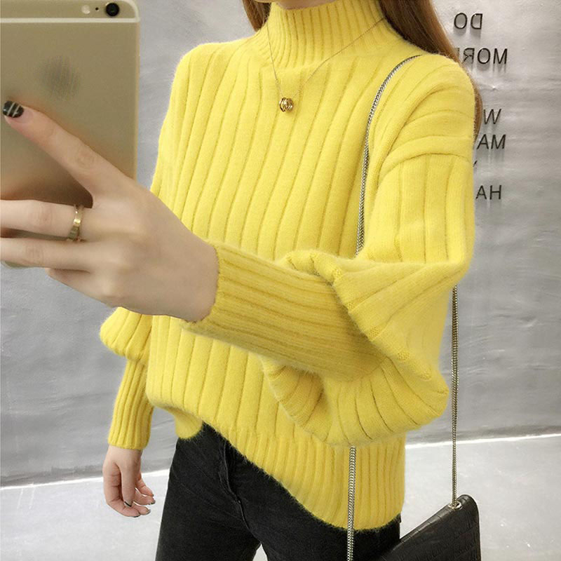 Sweater Ladies Half High Neck Pullover Pure Color 2022 New Fashion Korean Version Loose Lantern Sleeve Knitted Sweater Women alx