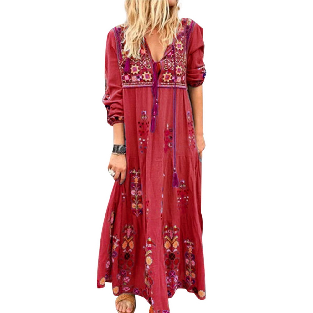 Bohemian Sundress Women Beach Maxi Dresses Drawstring V-neck Long Sleeve Dress Ladies Casual Loose Floral Printed Party Vestidos alx