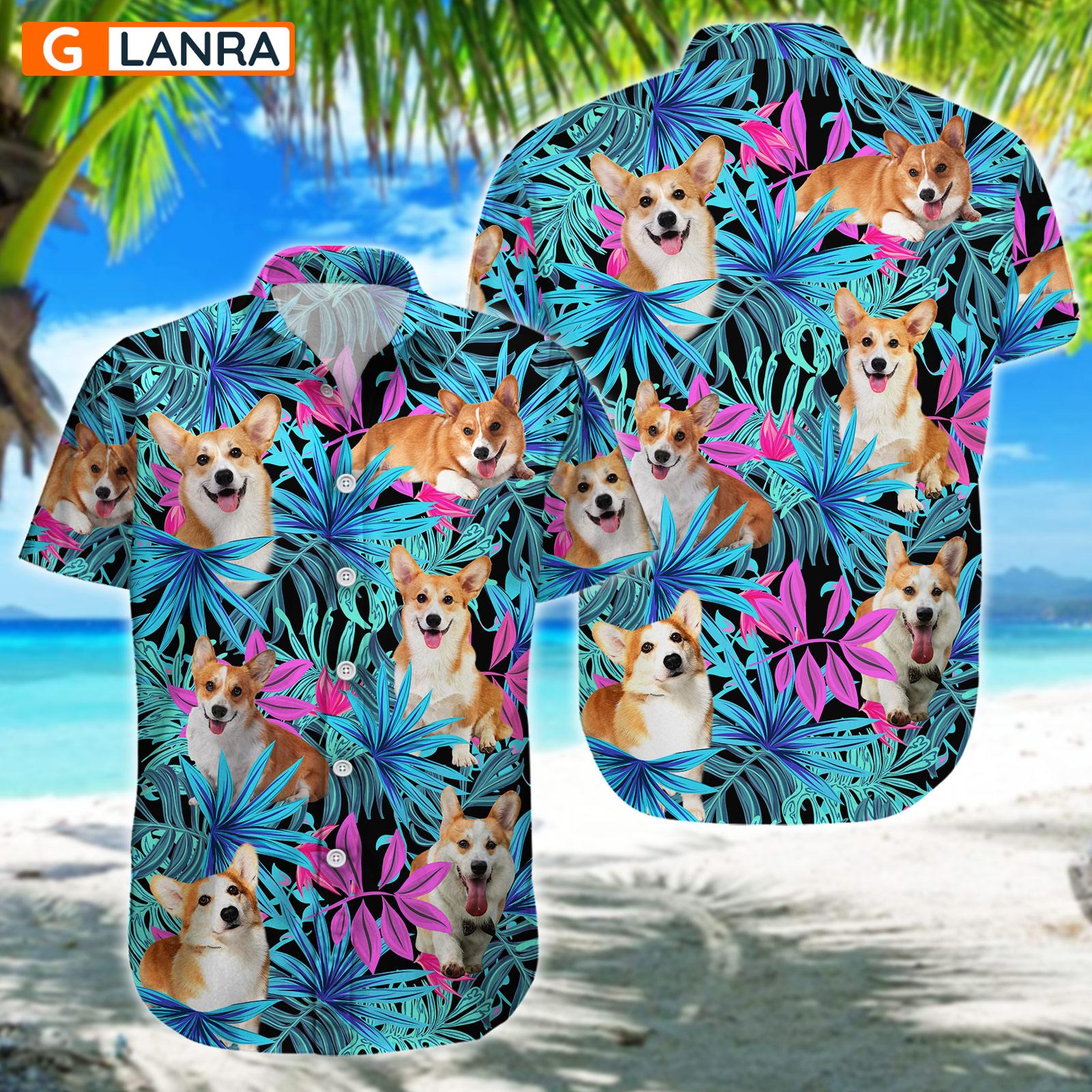 Corgi Palm Leaves Button Shirt, Corgi Dog Button Shirt, Summer Dog Hawaiian Shirt, Dog Leaf Hawaiian Shirt, Summer Tropical Shirt