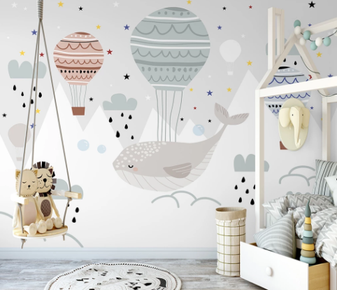 3D Cartoon Dolphin Hot Air Balloon Wall Mural Wallpaper Lqh 186