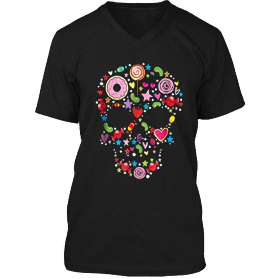 Candy Skull  – Day of the Dead Halloween Tee Mens Printed V-Neck T