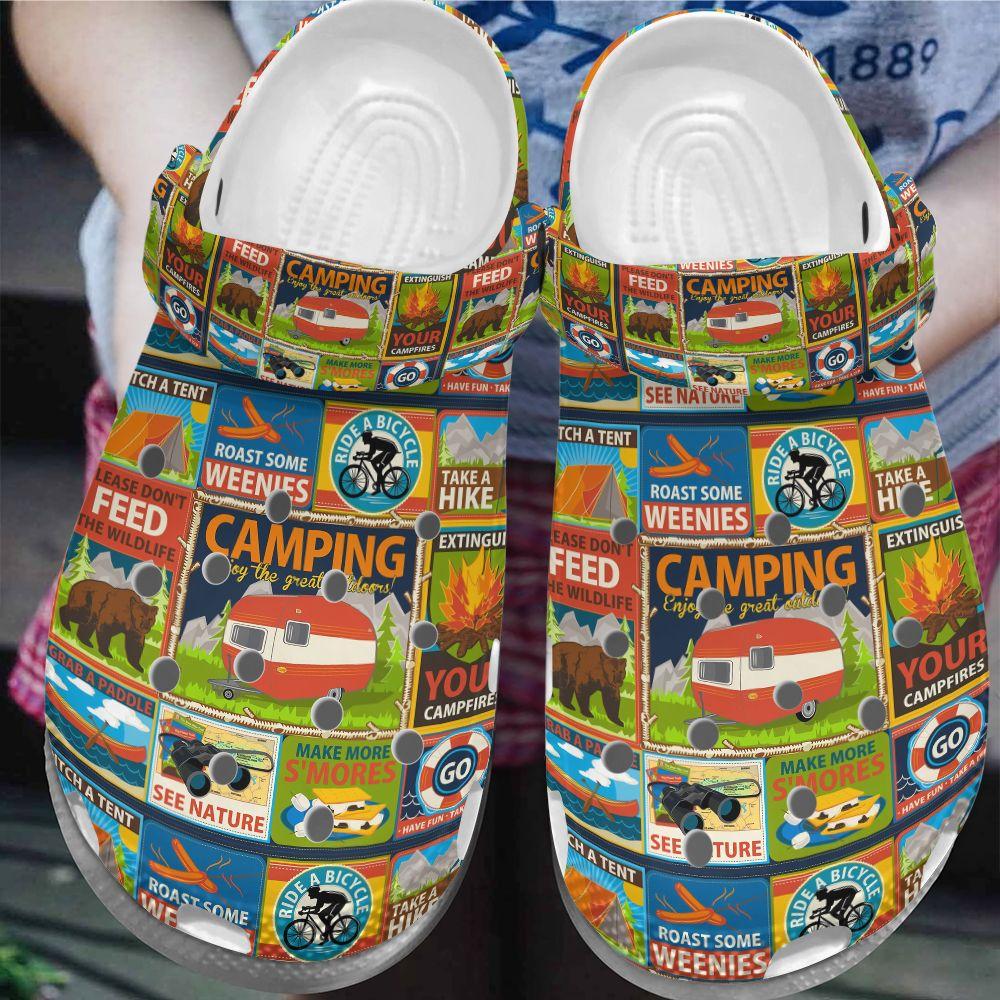 Camping Personalize Clog, Custom Name, Text, Fashion Style For Women, Men, Kid, Print 3D Whitesole Camping Responsibly