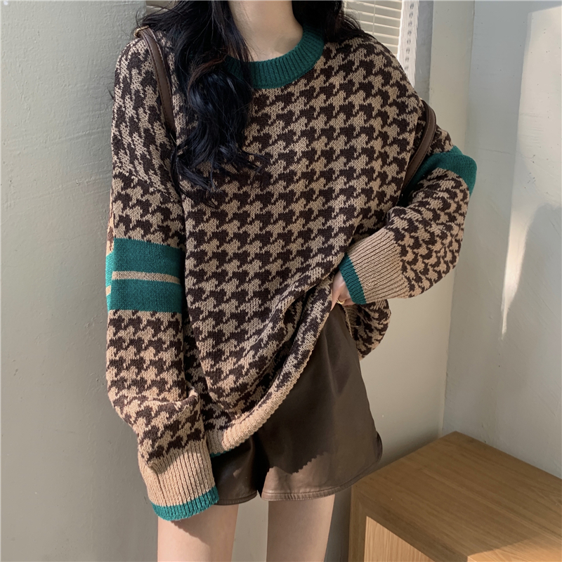 Autumn and winter Korean Harajuku style color matching lazy wind knit houndstooth sweater women alx