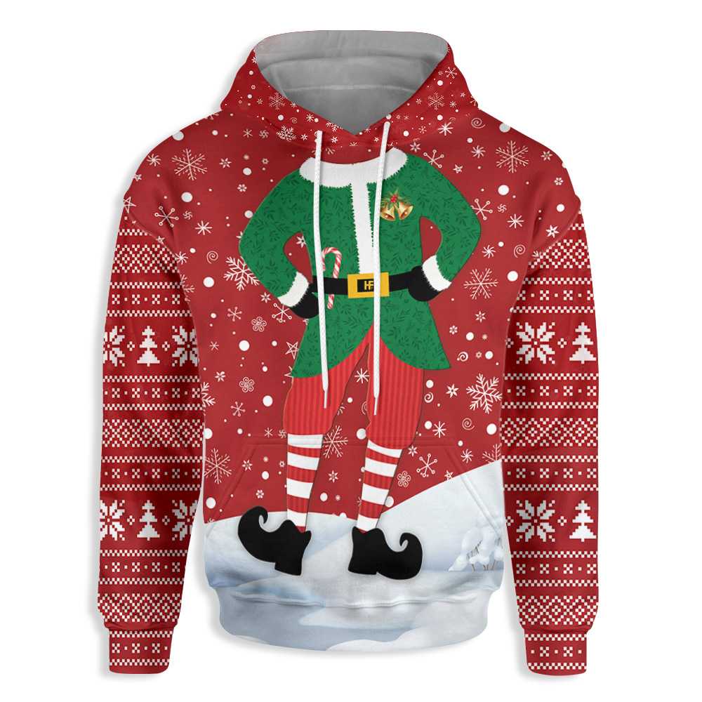 Unique Christmas Elf Costume Design All Over Print Hoodie, Ugly Sweater Pattern Hoodie Graphics