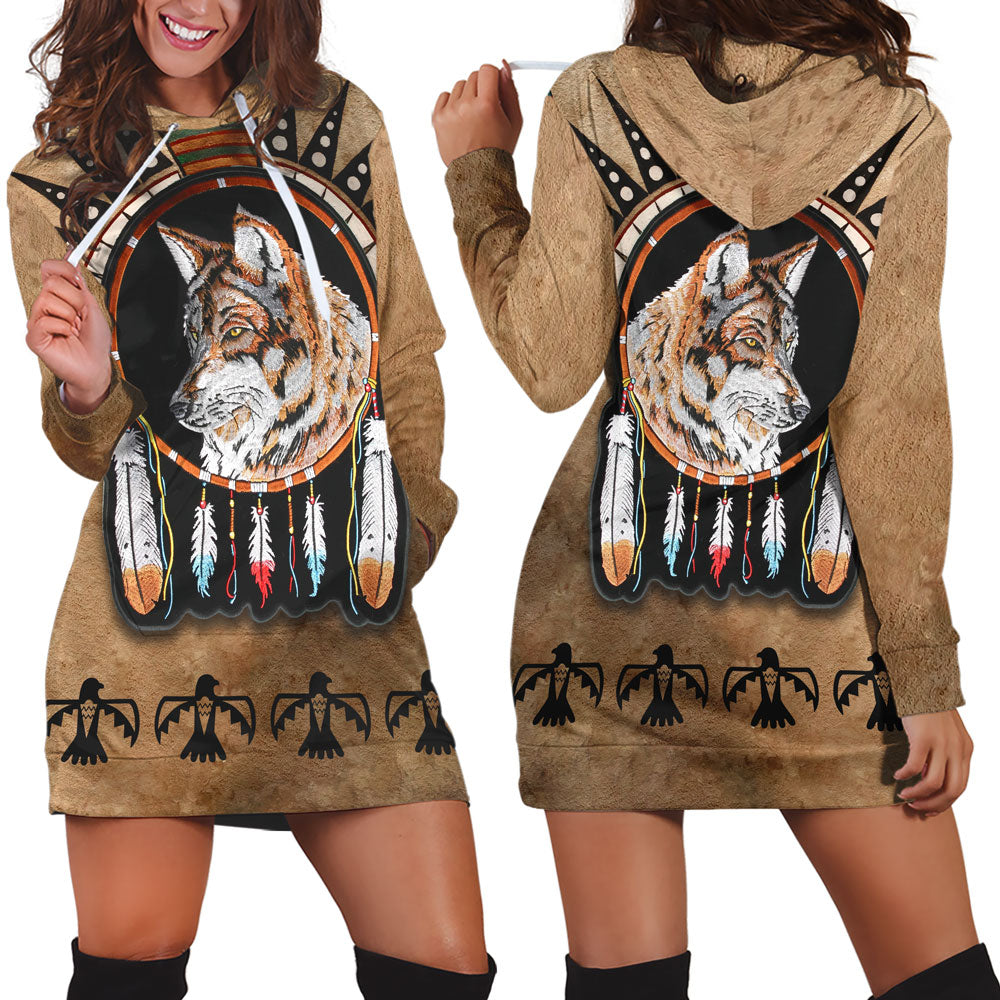 ViticStore™ Native American Wolf 3D All Over Printed Tiger Wolf Dreamcatcher Hoodie Dress