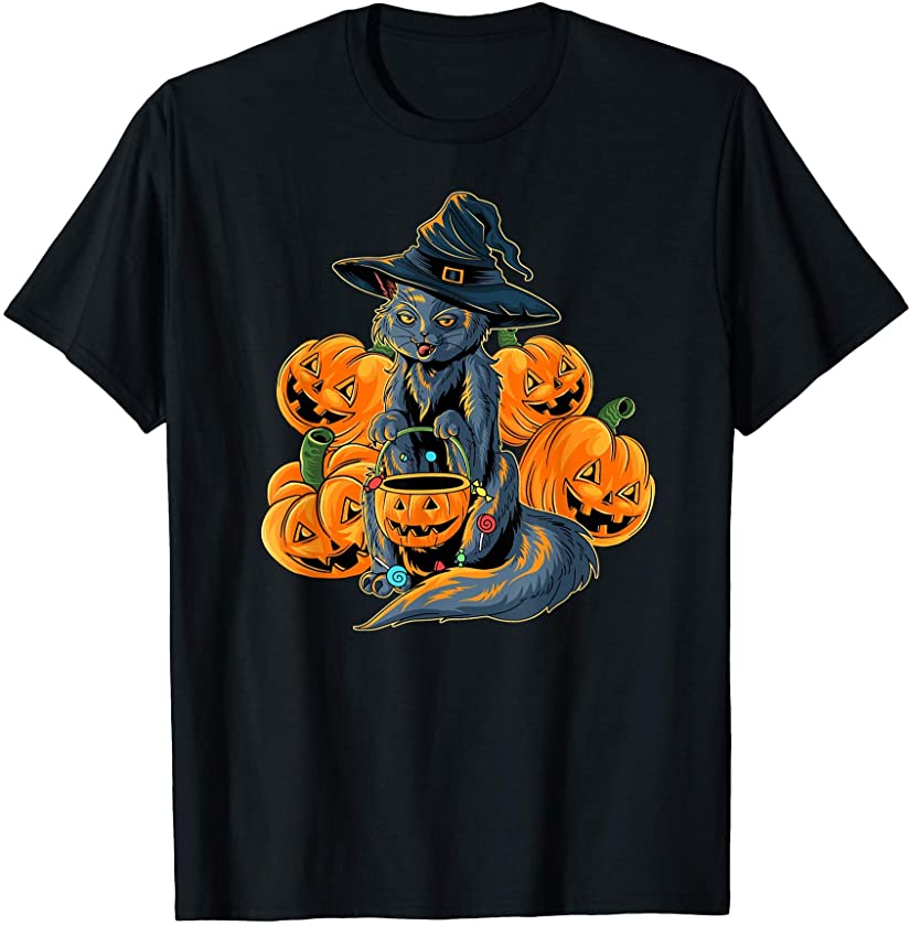 Candy Pumpkin Scary Black Cat With Witch Hat T-Shirt