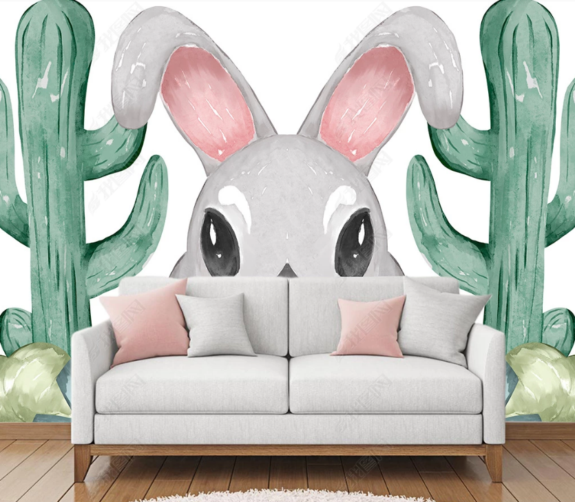 3D Hand Drawn Cactus Animal Rabbit Wall Mural Wallpaper Lqh 88