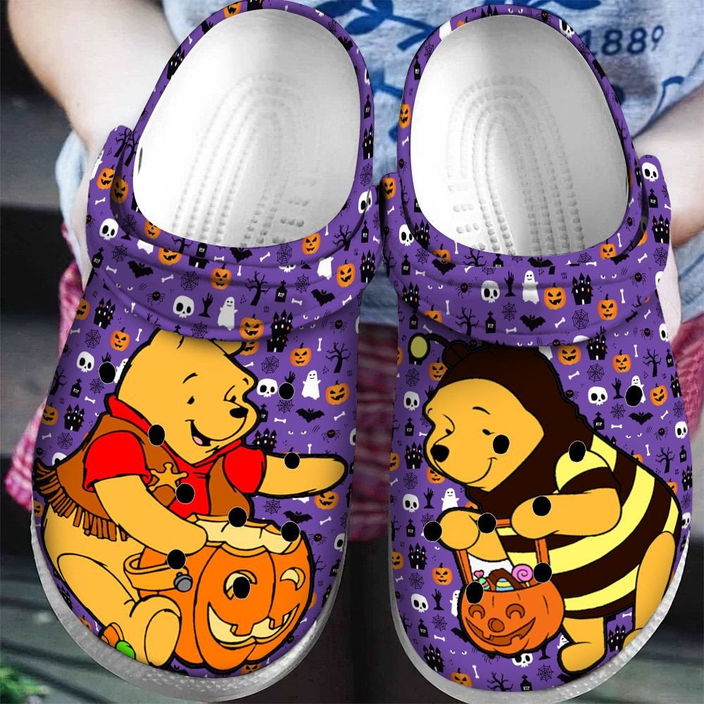 Pumpkin Pooh Halloween And Christmas Winnie The Pooh Purple Rubber Crocs Crocband Clogs, Comfy Footwear