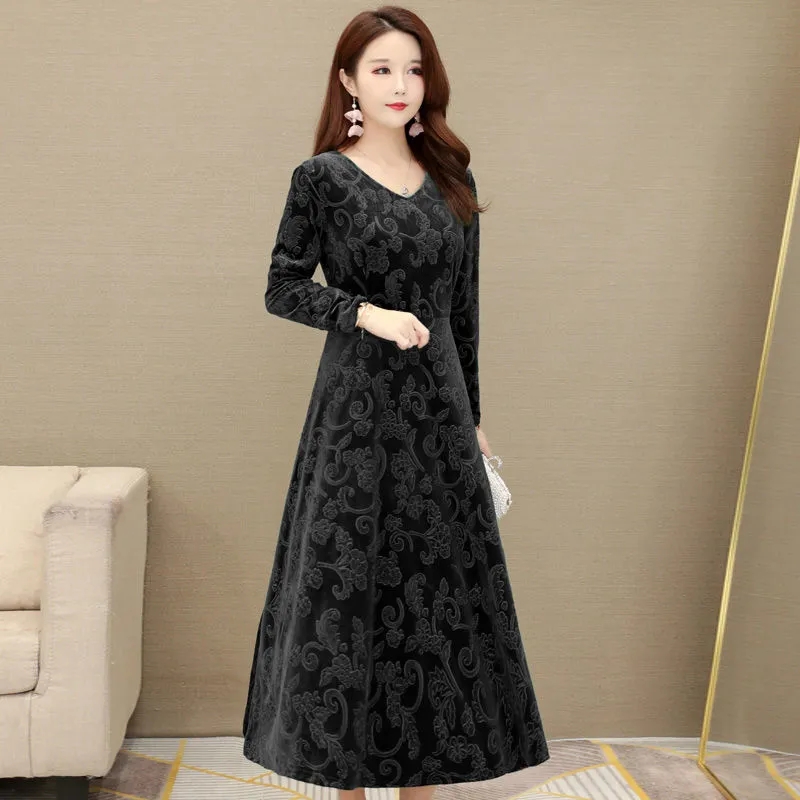 8Xl 7Xl Plus Size Print Velvet Dress For Women 2022 New Vintage V Neck Long Sleeve Party Maxi Dress Casual Floral a-Line Dresses alx