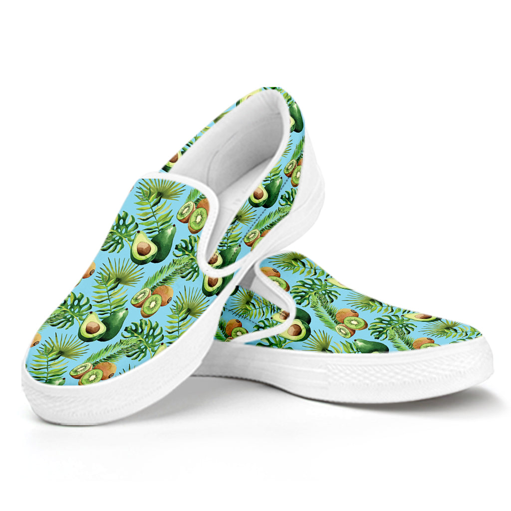 Watercolor Kiwi And Avocado Print White Slip On Shoes