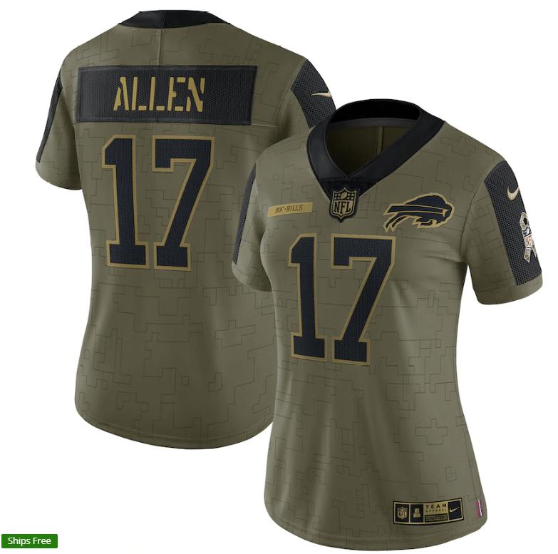 Buffalo Bills Josh Allen 17 NFL Olive 2021 Salute To Service Retired Player Women Jersey For Bills Fans