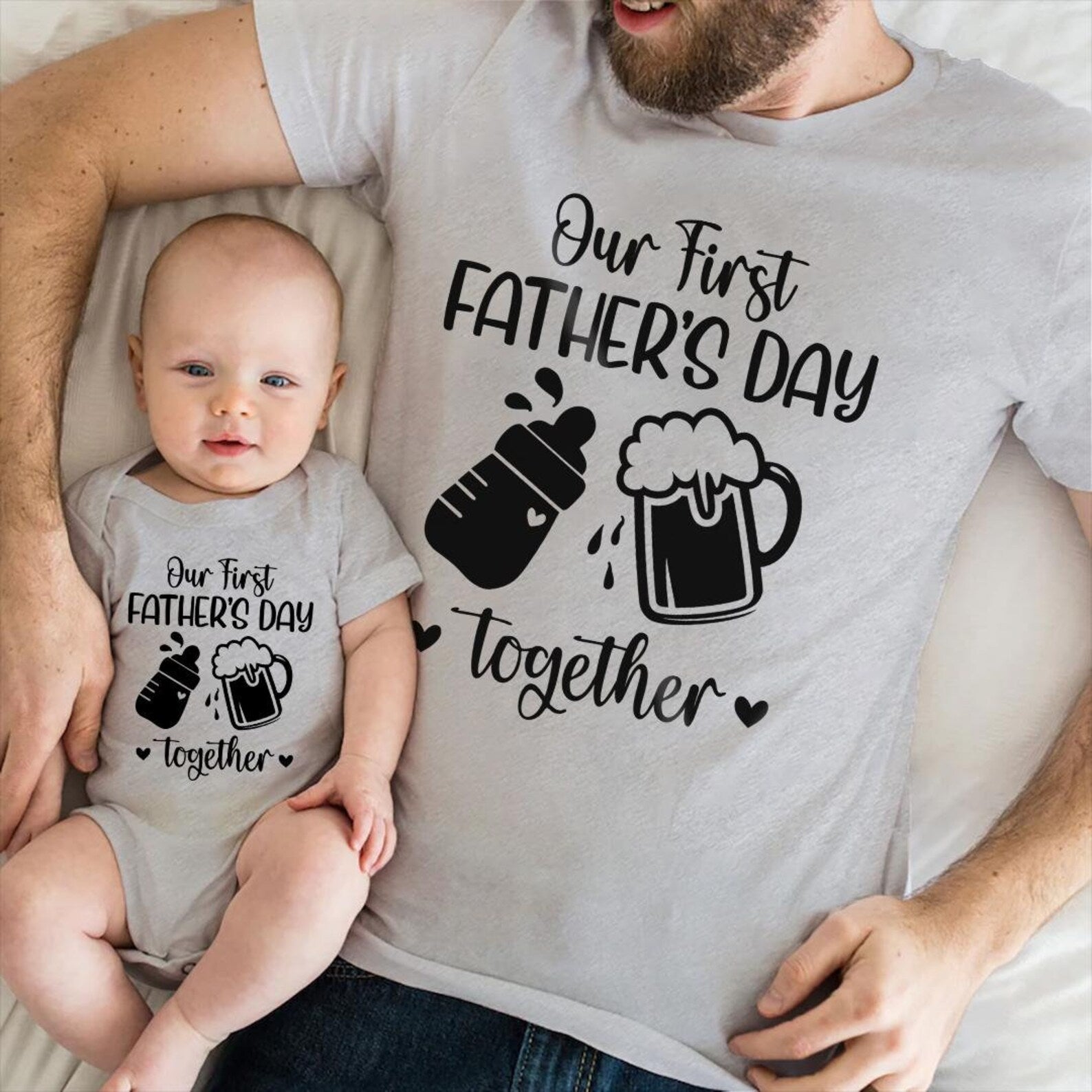 Classic Matching T-Shirt & Baby Onesie Our First Father’S Day Cute Funny Beer & Milk Custom Name Daddy & Baby Set