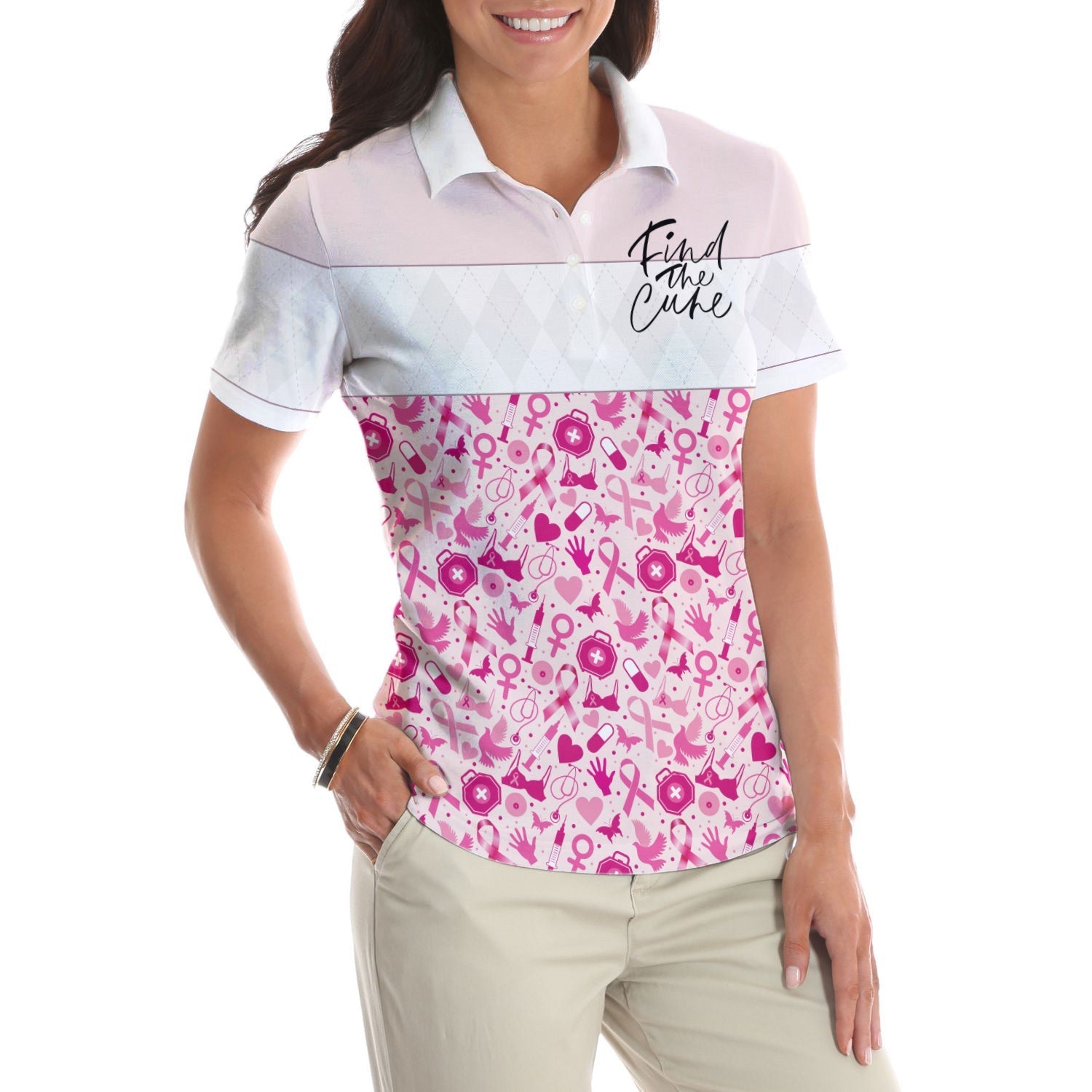 Pink Spread The Hope Find The Cure Breast Cancer Awareness Short Sleeve Women Polo Shirt, Pink Ribbon Shirt Coolspod