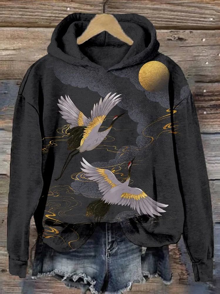 Japanese Cranes Flight To Golden Moon Art Comfy Hoodie