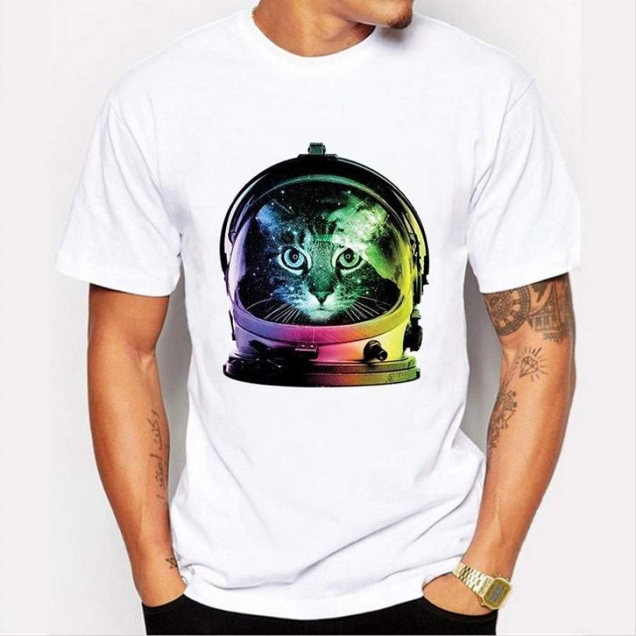 2017 Summer Fashion Men’S White T-Shirt Animals Cool Astronaut Cat Print T-Shirt Brand Clothing Tops