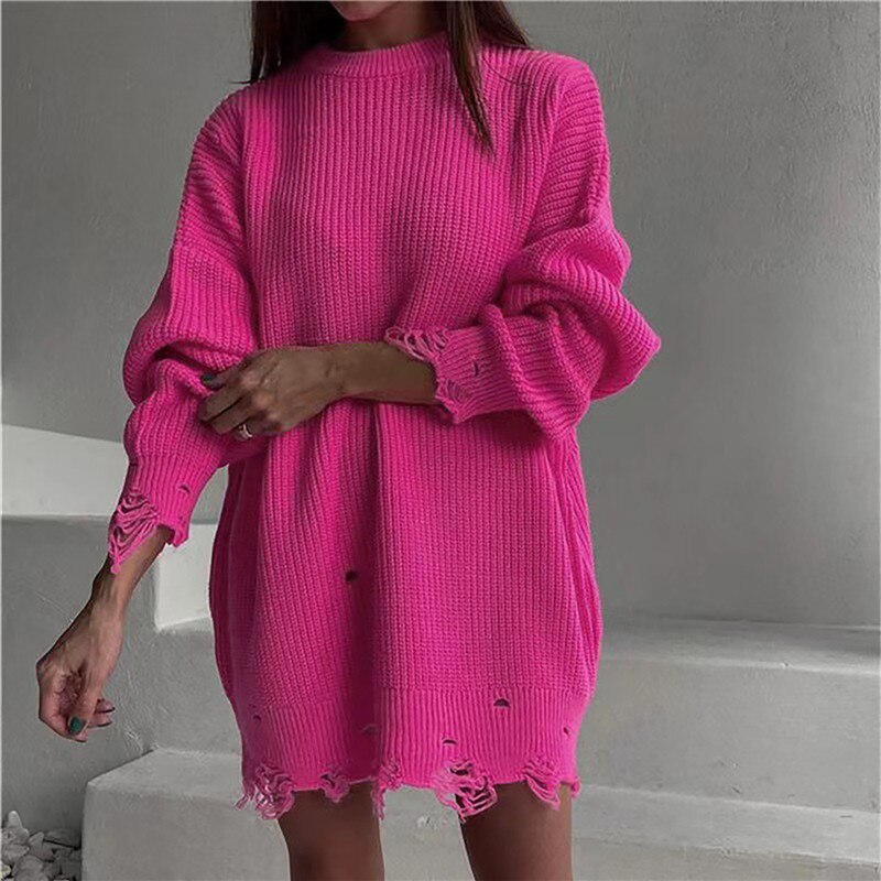 Tassel Knit Sweater Women Ripped Hole Hem Pullover Oversized Jumpers Autumn Winter Vintage Knitted Top Elegant Sweaters Dresses alx