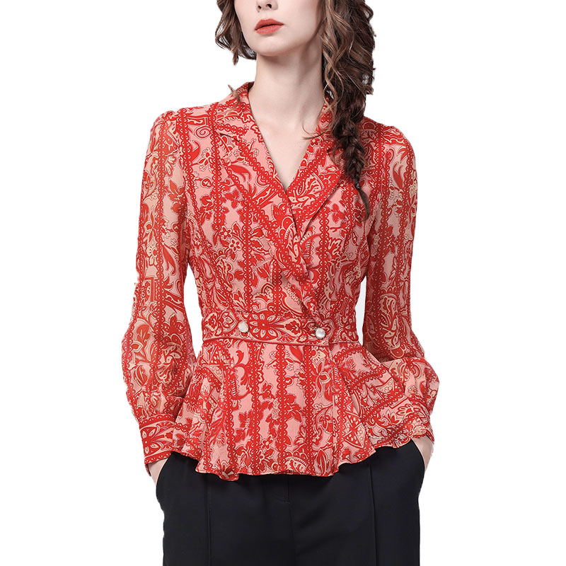 Vintage Red Floral Print Women’ Long Sleeve Shirt Elegant Slim Fit Chiffon Top Fashion High Waist Ladies Working Casual Clothing alx