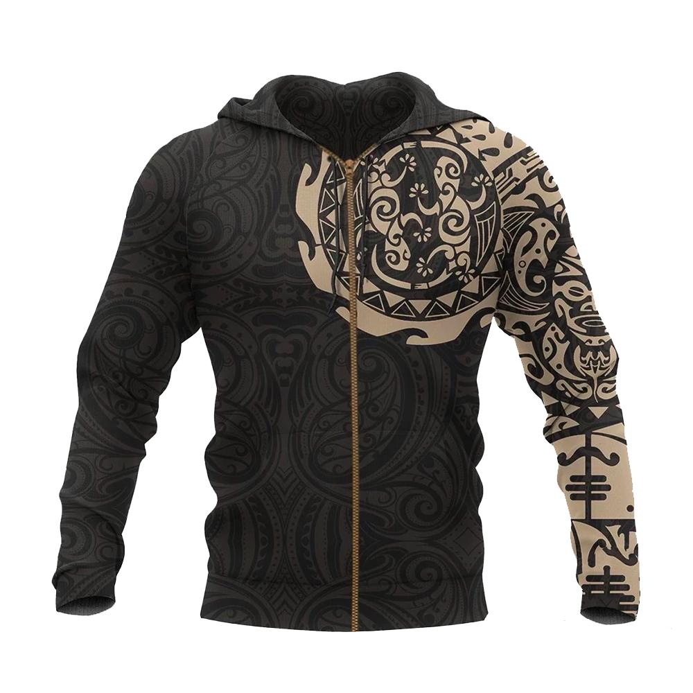 Maori Tattoo Hoodie, New Zealand Lizard Zip Up Hoodie Tan TattoosCafe