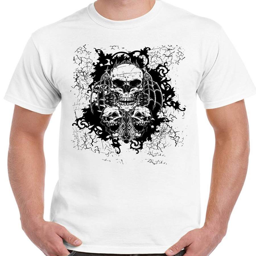 Three Skulls O-Neck Men’S Cotton T Shirt White Gray