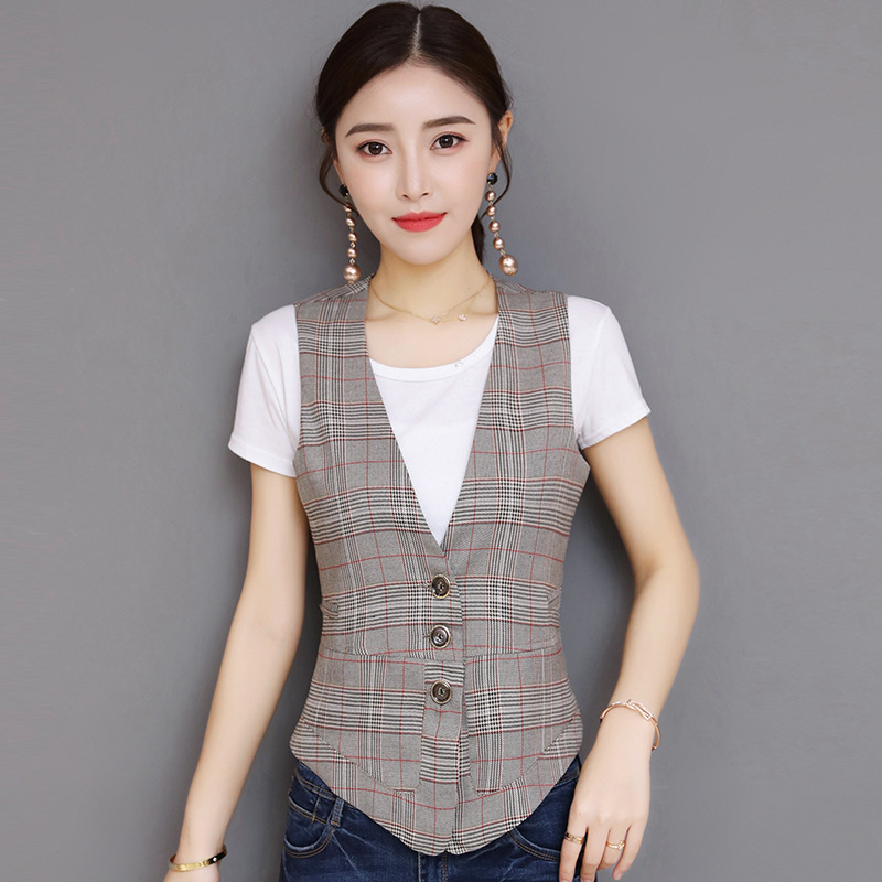 #0702 Summer Plaid Vest Waistcoat Women Short Slim Thin Sleeveless Blazer Vest Female Casual Elegant Vest Coat Ladies Buttons alx