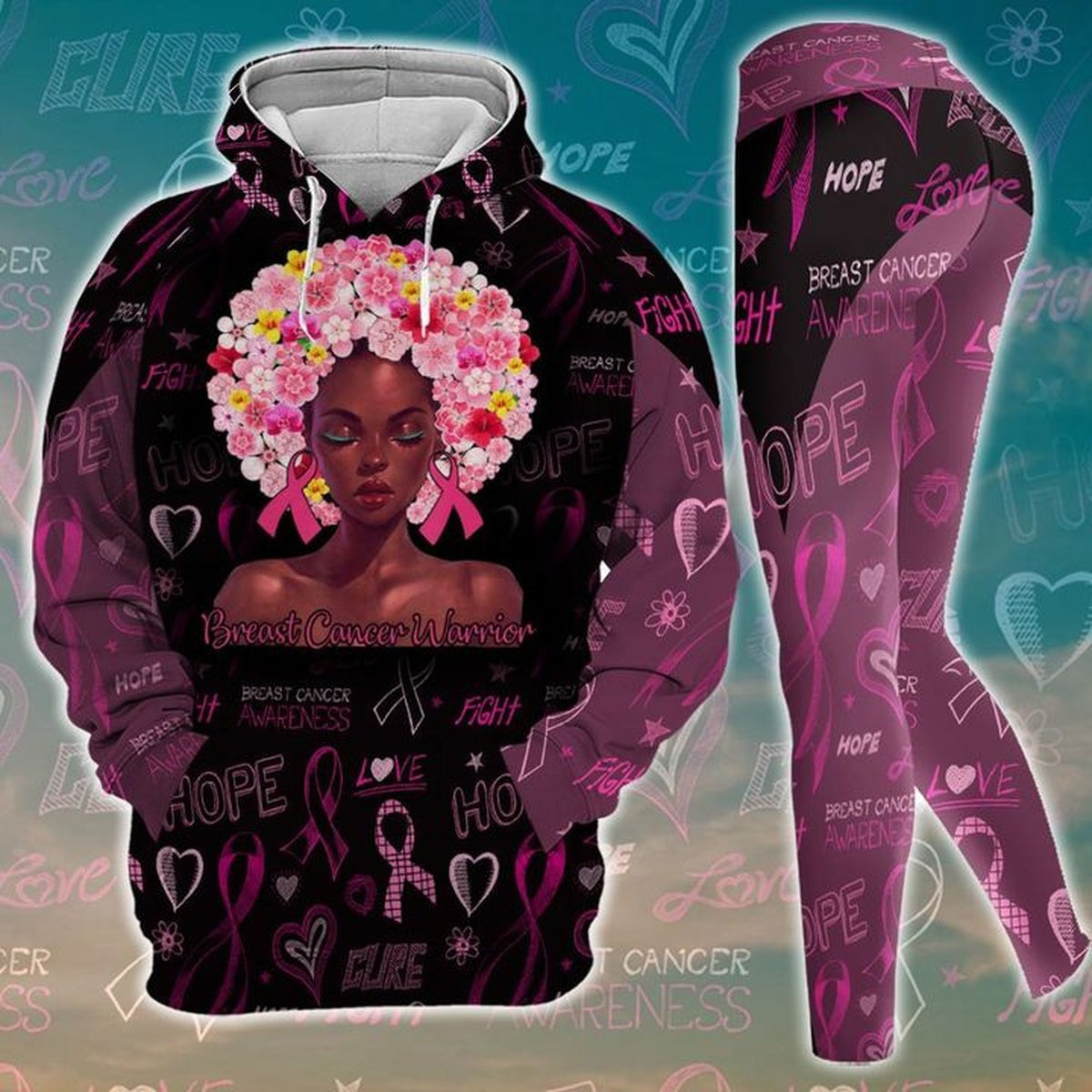 Pink Flowers Afro Hair Black Woman Breast Cancer Legging Hoodie , African Legging Hoodie