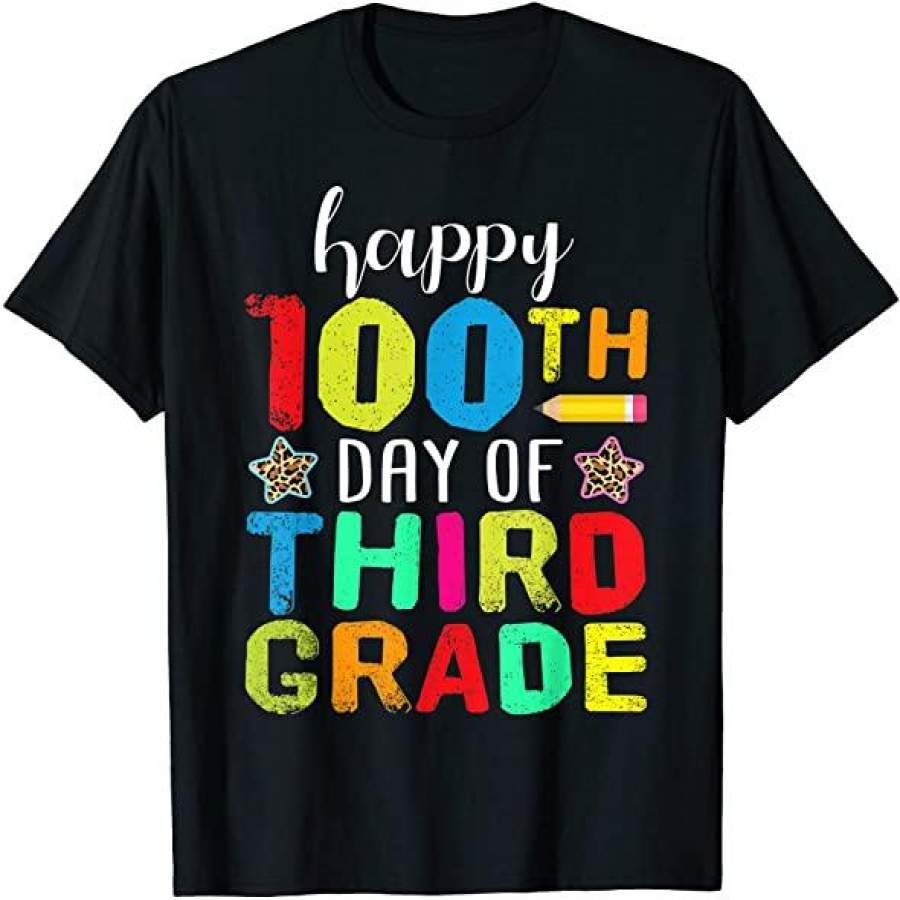 100 Days Of School Shirt Happy 100Th Day Of 3Rd Grade Teacher Student Leopard Gift T-Shirt Custom T Shirts Add Name Black Kids Toddler Adult Size S To 5Xl