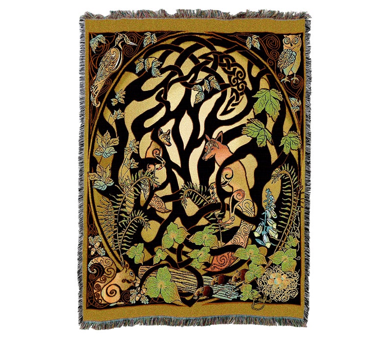 Woodland Fox And Forest Animals Celtic Vintage Retro Style Couch Sofa Blanket,  Woven Throw Blanket Home Decor