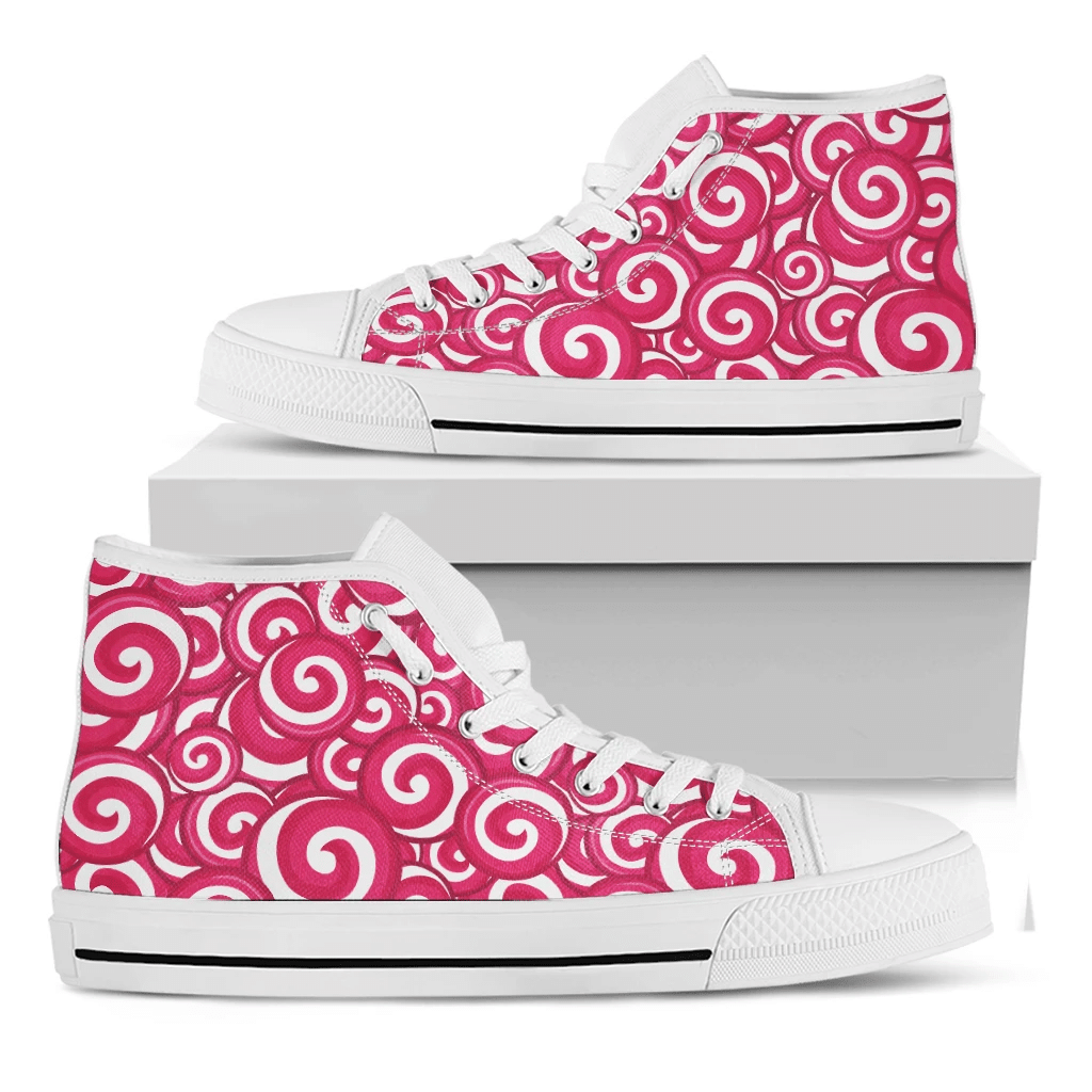 Pink Lollipop Candy Pattern Print White High Top Shoes For Men And Women