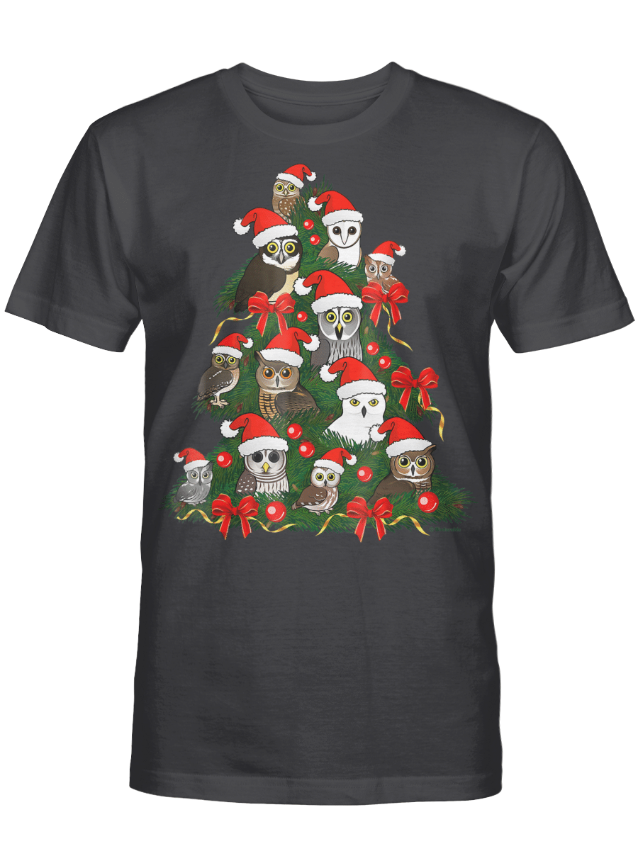 AmazeStyleZ Santa’s Reindeer, Ugly Christmas Sweater, Christmas Gift Ideas, Extremely Cute Cartoon Owl Christmas Tree T-Shirt