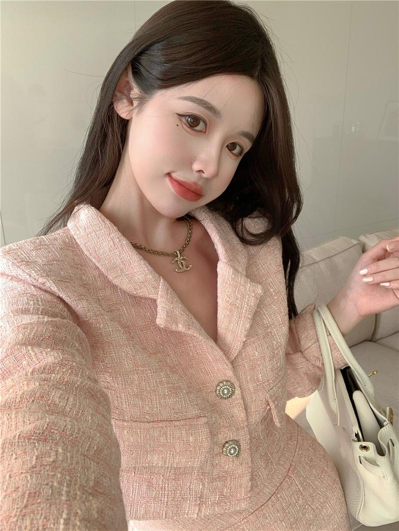 Sweet Tweed Dress Set For Women Chic Elegant Long Sleeve Crop Blazer Jacket Outwear Top + Mini Skirt Lady Skirt Suits alx