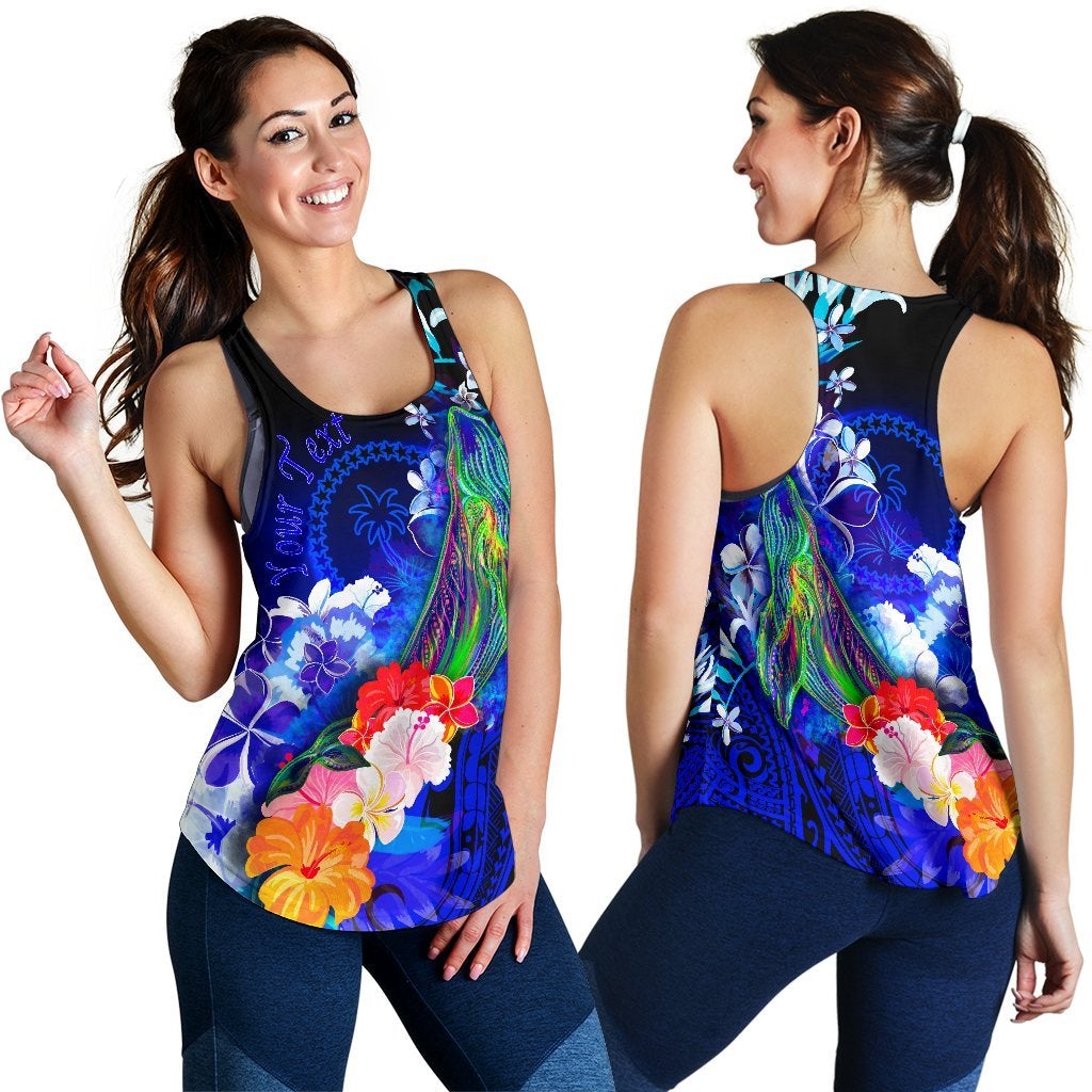 Custom Personalised Chuuk Women’S Racerback Tank – Humpback Whale With Tropical Flowers Blue