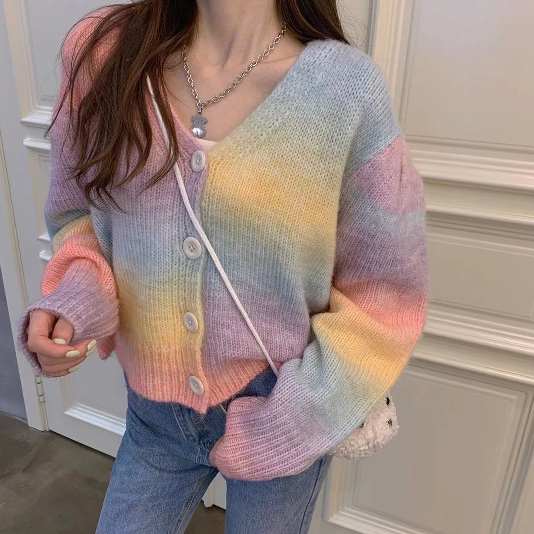 2021 spring new all-match V-neck breasted rainbow color short knitted cardigan jacket women alx