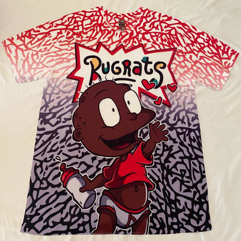 Custom Rugrats Tommy Shirt Jordan 4 Fire Red/Cement or Red, Black, White Shoes, Jordan 5 Fire Red