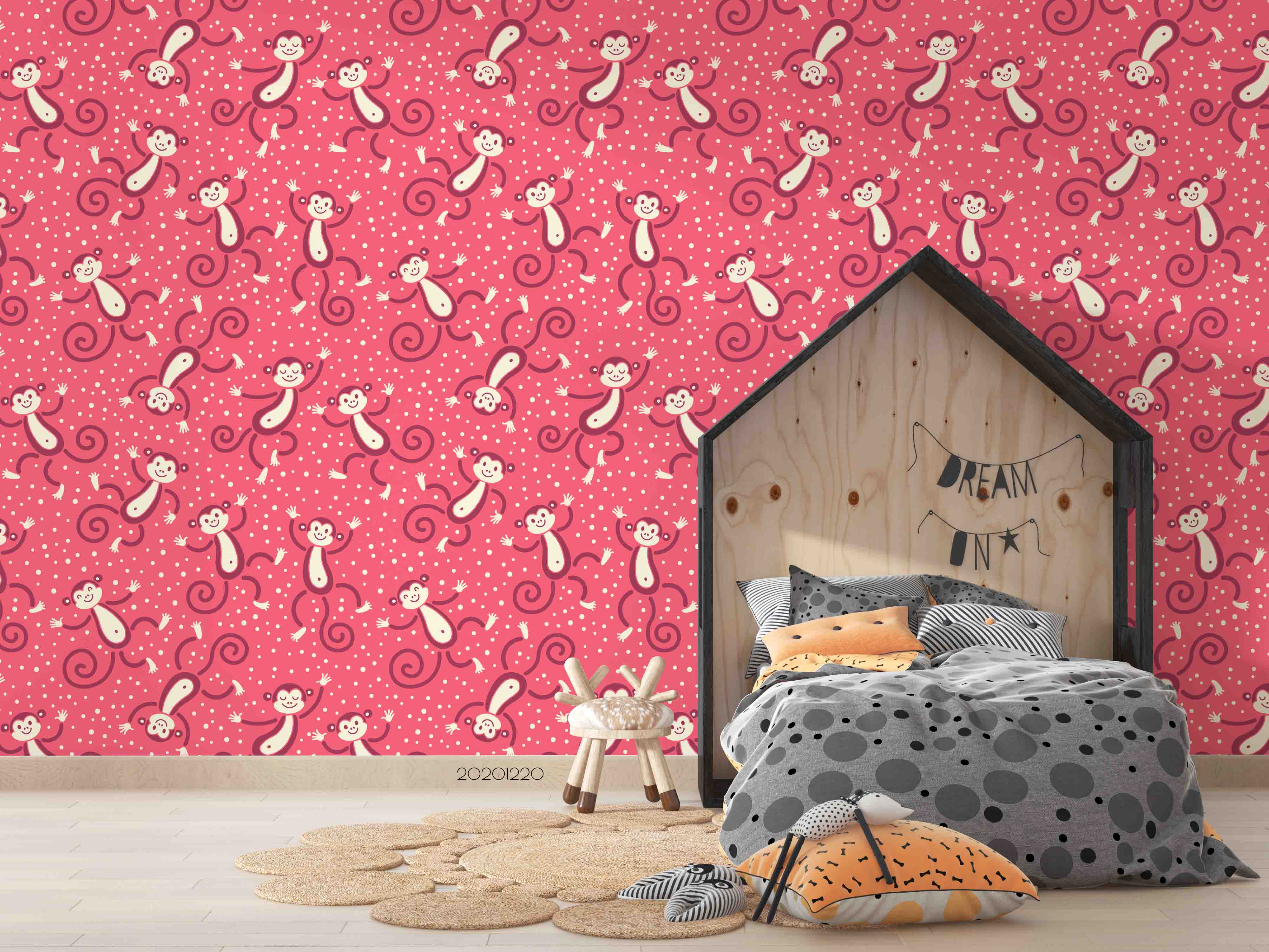 3D Hand Drawn Animal Pink Monkey Wall Mural Wallpaper Lqh 122