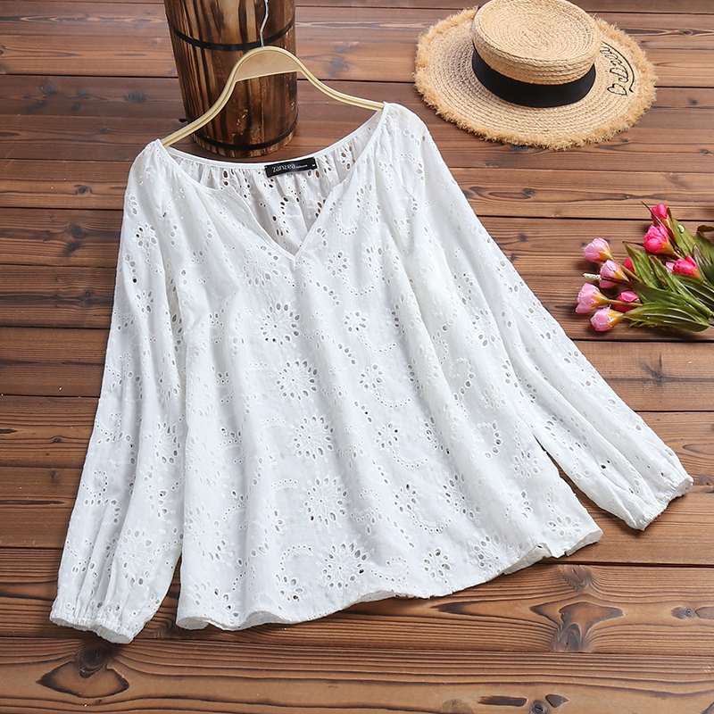 ZANZEA 2022 Elegant Lace Tops Women’s Embroidery Blouses Casual V Neck Blusas Female Hollow Long Sleeve Summer Tunic Oversized alx