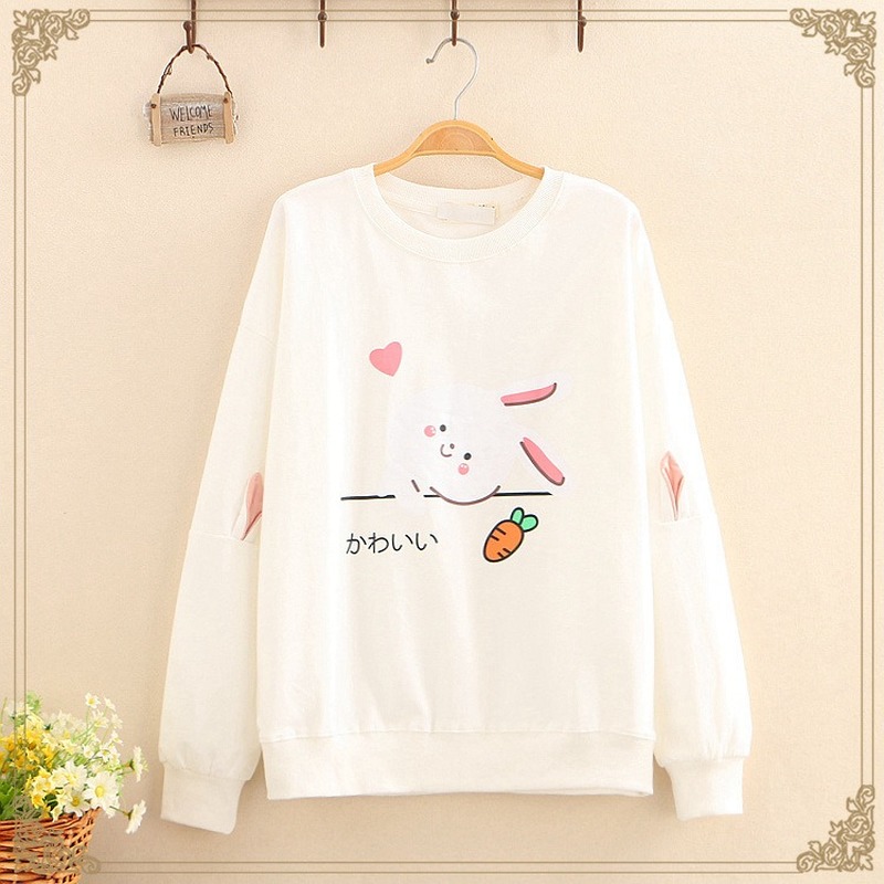 Autumn Long Sleeve Women’s White Sweatshirt Kawaii Bunny Print Korean Crewneck Pink Cartoon Ear Cute Anime Hoodies for Girls alx