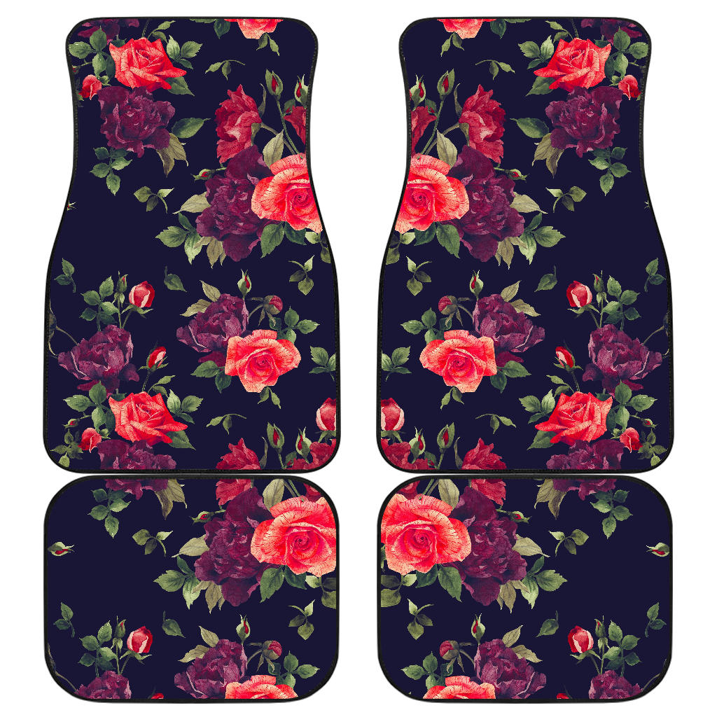 Red Violet Roses Floral Pattern Print Front And Back Car Floor Mats, Front Car Mat