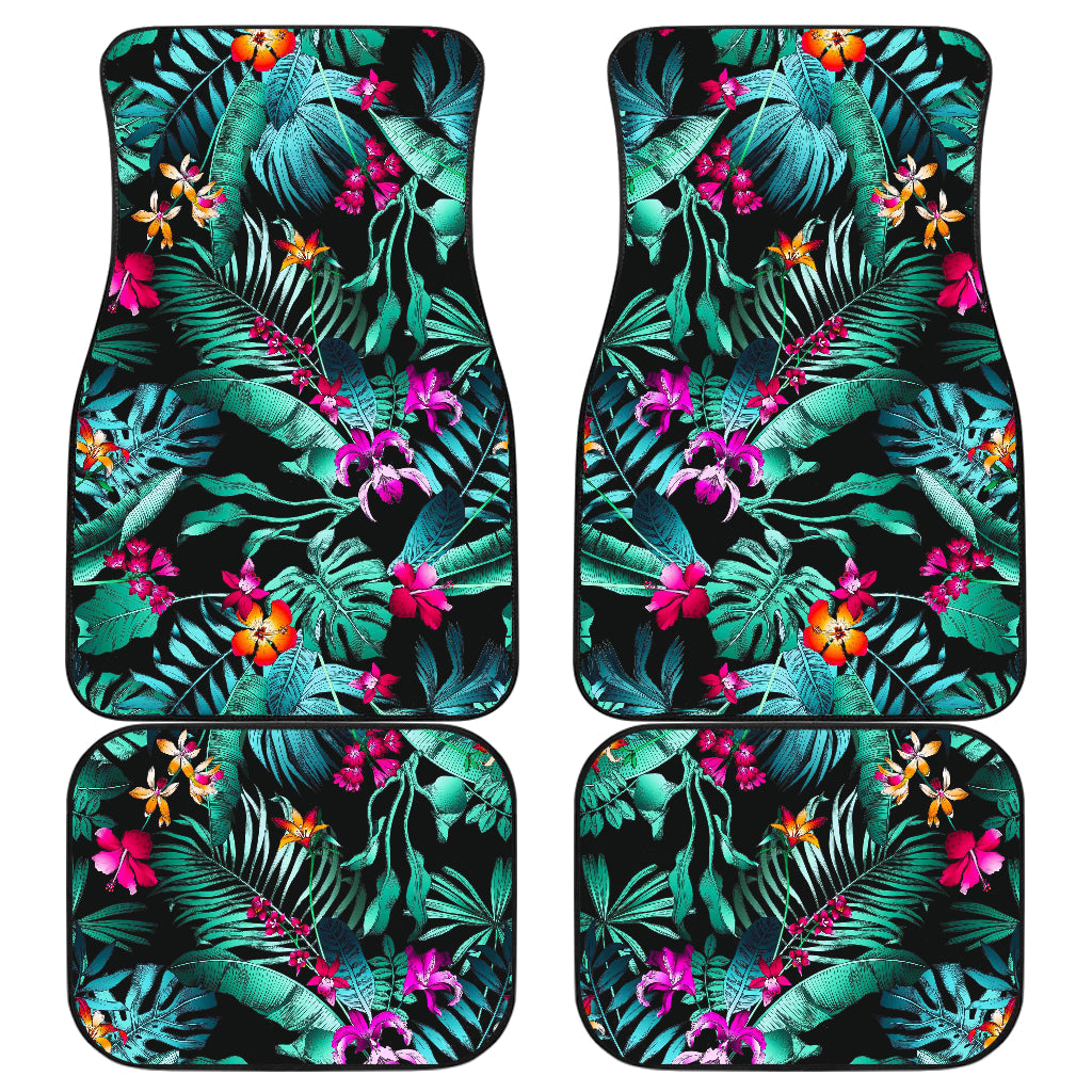 Teal Tropical Leaf Hawaii Pattern Print Front And Back Car Floor Mats, Front Car Mat