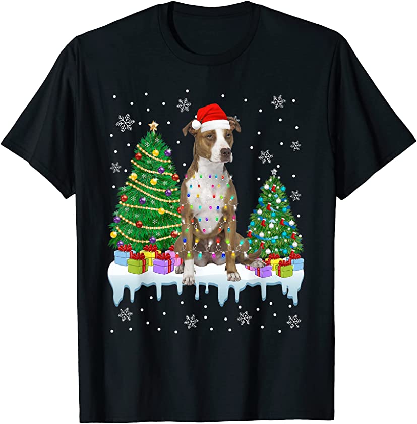 Pitbull Dog Christmas Tree Funny Xmas Lights Puppy Lover T-Shirt