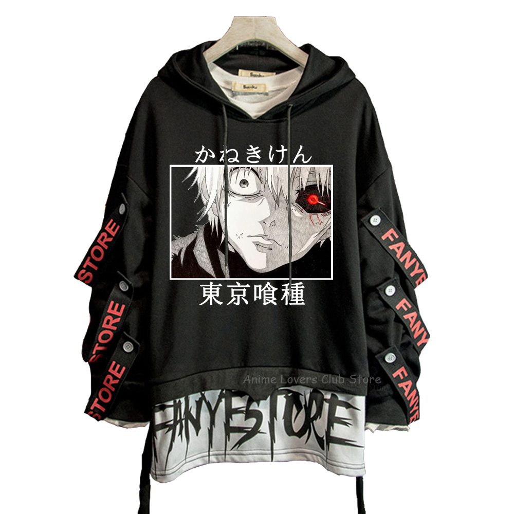 Anime Ribbons Letter Print Hoodie Tokyo Ghoul Streetwear Sweatshirt Hoodies Y2k Sweatshirts Patchwork Pullover Harajuku Men alx